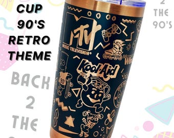 Juego de vasos retro de los 90 con grabado láser: negro y cobre, 20 oz