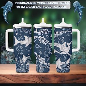 Personalized Whale Shark Stanley Tumbler 40oz: Engraved Ocean Design, Free Coaster