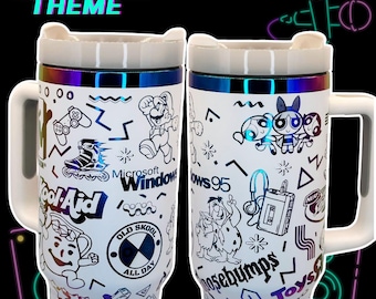 90's Retro Laser Engraved 40oz Tumbler with Coaster & Bucket Hat