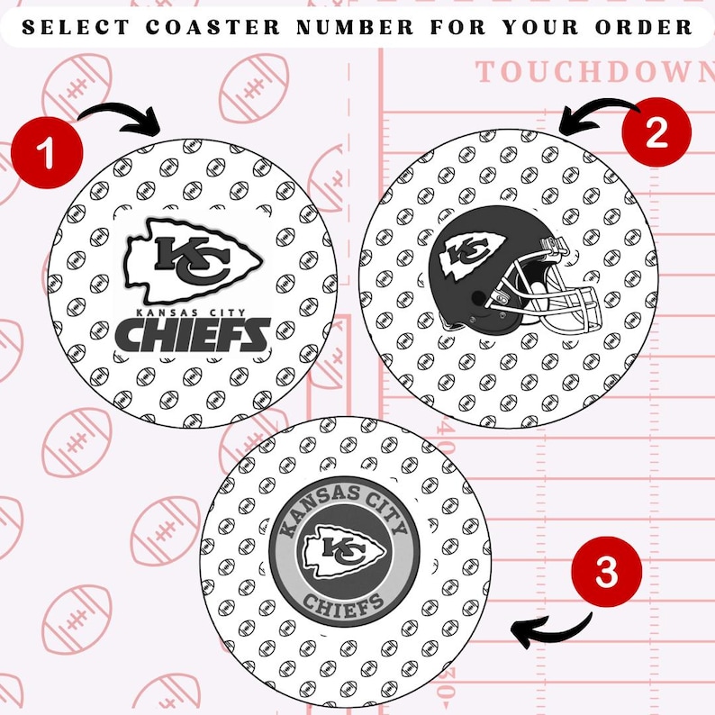 May include: Three different designs for a Kansas City Chiefs coaster. The first coaster features a black and white logo with the words "Kansas City Chiefs". The second coaster features a black and white helmet with the words "Kansas City Chiefs". The third coaster features a grey circle with the words "Kansas City Chiefs" and a black and white arrowhead logo.