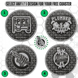 May include: Four round coasters with plumbing-themed designs. Each coaster features a different graphic: "Pipe Whisperer," "Plumber Service," a skeleton hand with a wrench, and "Plumbing Services." The coasters are gray with a decorative border and the name "Micheal."