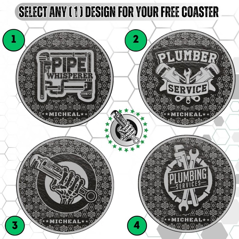 May include: Four round coasters with plumbing-themed designs. Each coaster features a different graphic: "Pipe Whisperer," "Plumber Service," a skeleton hand with a wrench, and "Plumbing Services." The coasters are gray with a decorative border and the name "Micheal."