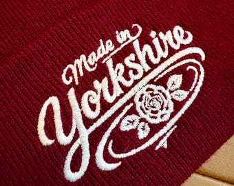 YORKSHIRE Embroidered Beanie – Cuffed Knit Hat with Rose