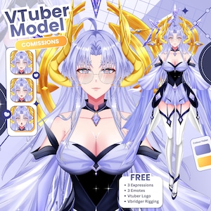 Pode incluir: Ilustração digital de um modelo VTuber com cabelo comprido roxo claro, usando óculos e uma roupa detalhada. A imagem inclui o texto "VTuber Model" e "COMISSIONS". Texto adicional indica que o modelo é gratuito e lista recursos.