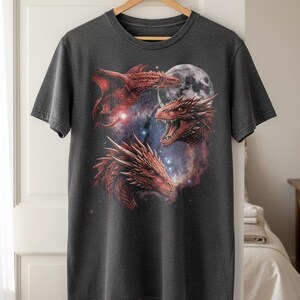 Vintage Meleys Dragon Moon Graphic T-Shirt, Charcoal Grey Retro Fantasy Cotton Aesthetic Tee