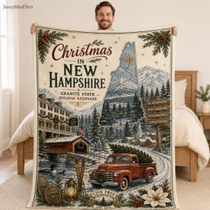 Kerstdeken van New Hampshire, feestelijke plaid met de tekst "Granite State", kerstcadeau uit de White Mountains, vintage winterdecoratie voor thuis, deken van de staat New Hampshire