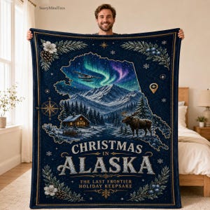 Alaska Christmas Blanket, Northern Lights Holiday Throw, Winter Moose Fleece Blanket, Alaskan Christmas Decor, The Last Frontier State Gift