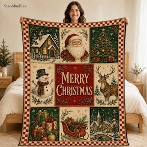 Könnte beinhalten: Eine rechteckige Wohndecke mit einem Raster aus Weihnachtsszenen, darunter ein verschneites Haus, der Weihnachtsmann, ein geschmückter Baum, ein Schneemann, ein Rentier, Geschenke, ein Schlitten und ein Dorf, mit dem Text Merry Christmas.