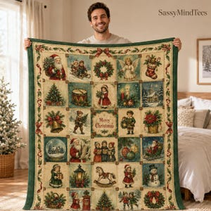 Vintage Christmas Blanket, Retro Santa Patchwork Throw, Holiday Nostalgia Decor, Merry Christmas Fleece Blanket, Festive Winter Keepsake