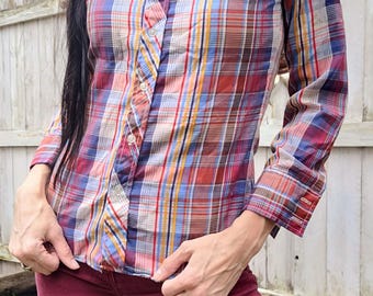 ヴィンテージ 70年代 ブルー レッド チェック柄 ボタンダウン 襟付きブラウスシャツ by Stitches サイズ S