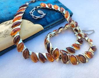 Vtg 60s Brown Stone Gold Tone Choker Necklace & Bracelet Set