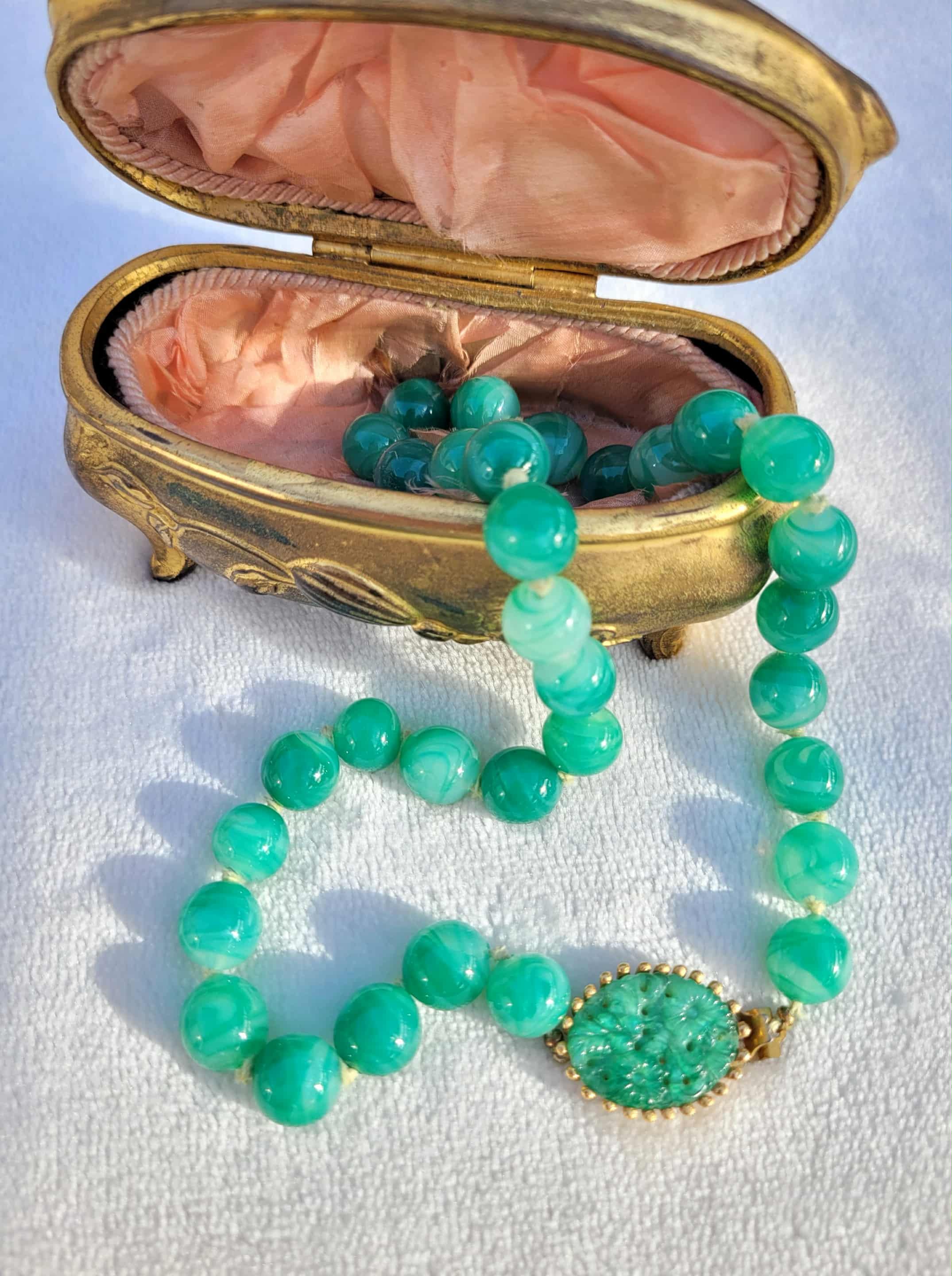 Vtg Signed JOMAZ Peking Jadeite Glass Carved Floral Green Beaded