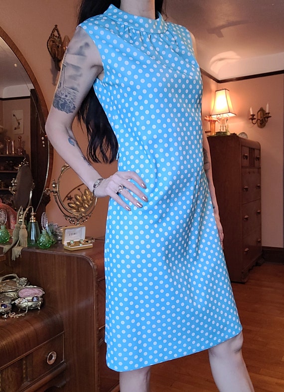 Vtg 60s 70s Sky Blue Polka Dot Sleeveless Dress - image 2