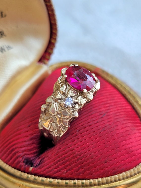 Vintage 10k Solid Gold Nugget Ruby Mens Ring 1970… - image 2