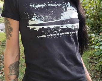 The Edmund Fitzgerald Shipwreck Glow in the Dark Women's Cotton T-Shirt Black 1975 Wisconsin 50th Anniversary