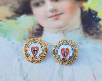 Vintage 10k Gold Filled Lutheran Sunday School Enamel Lapel Pin Brooch -Set Of 2