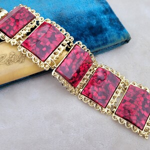 Vintage Red Lucite Confetti Chunky Panel Link Bracelet PAM 8"