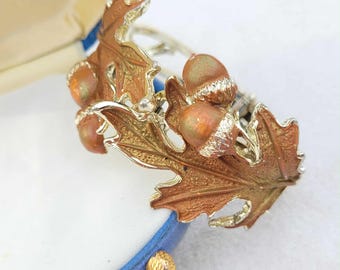 Vintage Autumn Acorn Oak Leaves Gold Tone Hinged Bangle Bracelet Mid-Century