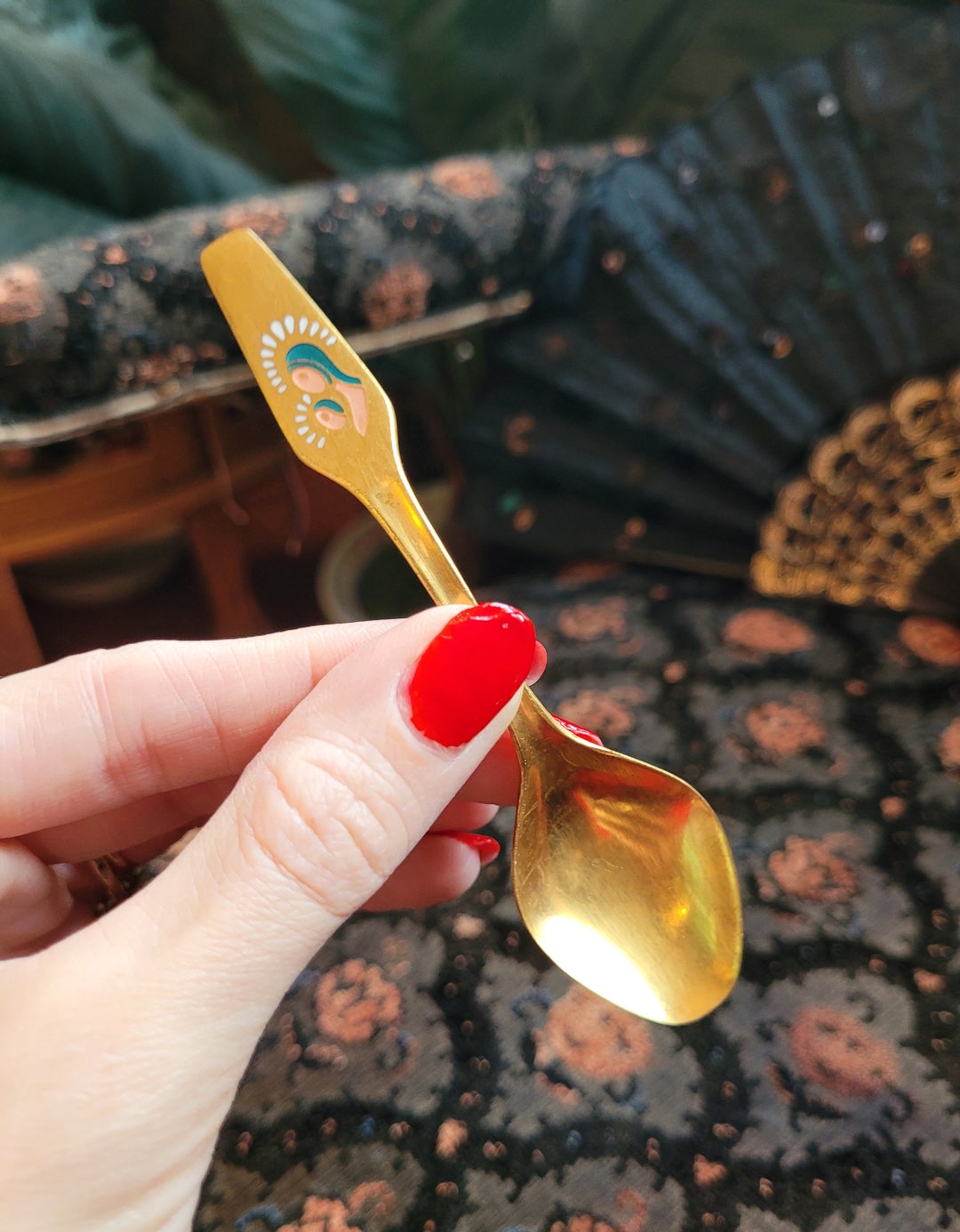 Vintage 70s Meka Denmark Demitasse Enameled Gold Tone Spoon