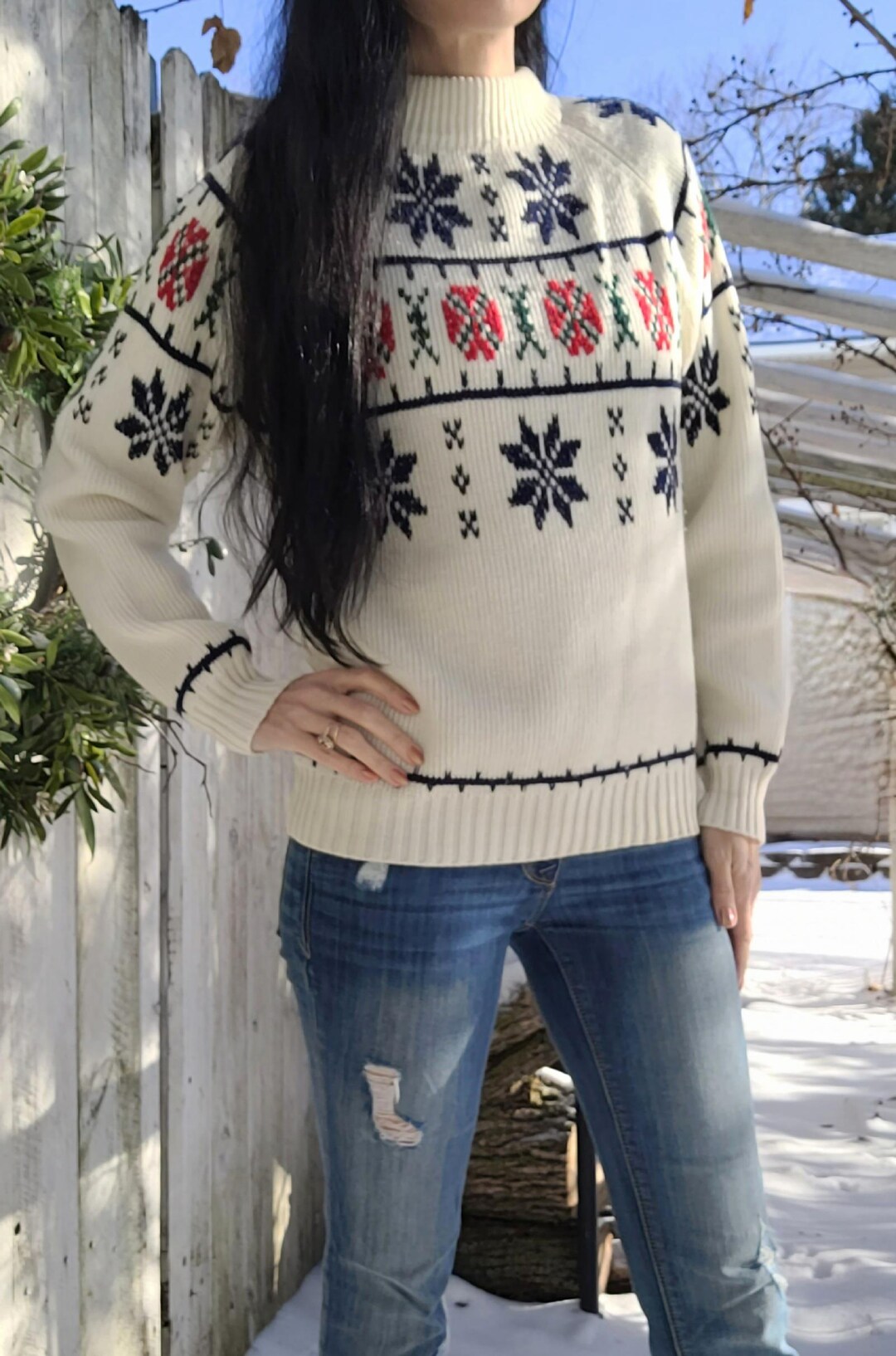 Vintage 70s Jcpenney Nordic Cream Red Blue Acrylic Ski Pullover