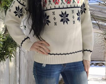 Vintage 70s Jcpenney Nordic Cream Red Blue Acrylic Ski Pullover