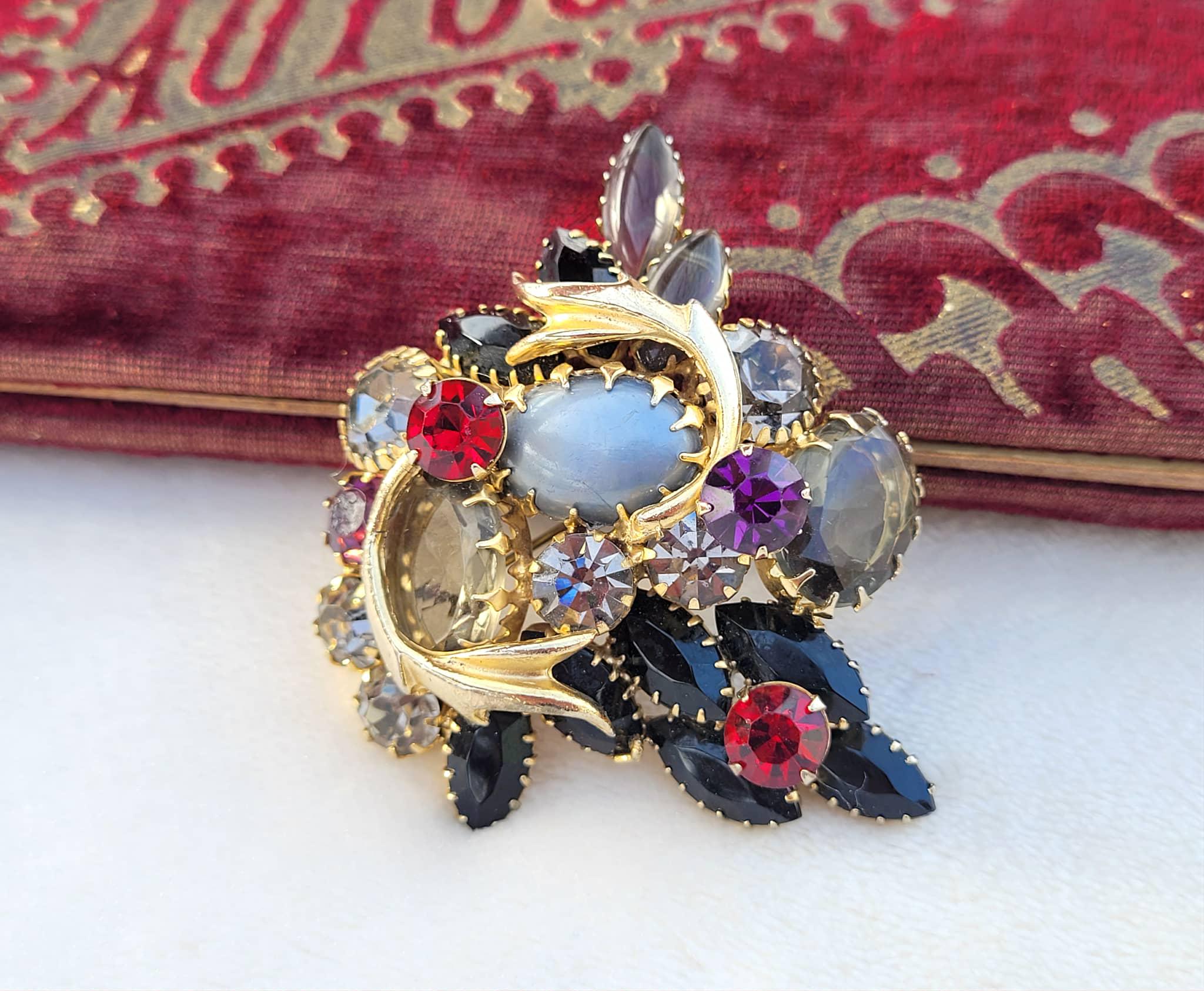 Vintage Alice Caviness Black Red Grey Cabachon Rhinestone Gold