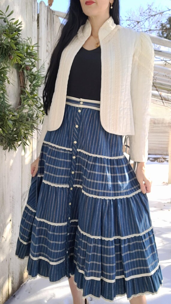 Vtg 70s Gunne Sax Prairie Quilted Cardigan Jacket Blue Striped