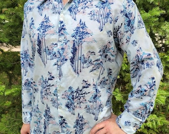 Vtg 70s Richman Bros Blue Psychedelic Tree Print Button Down Top