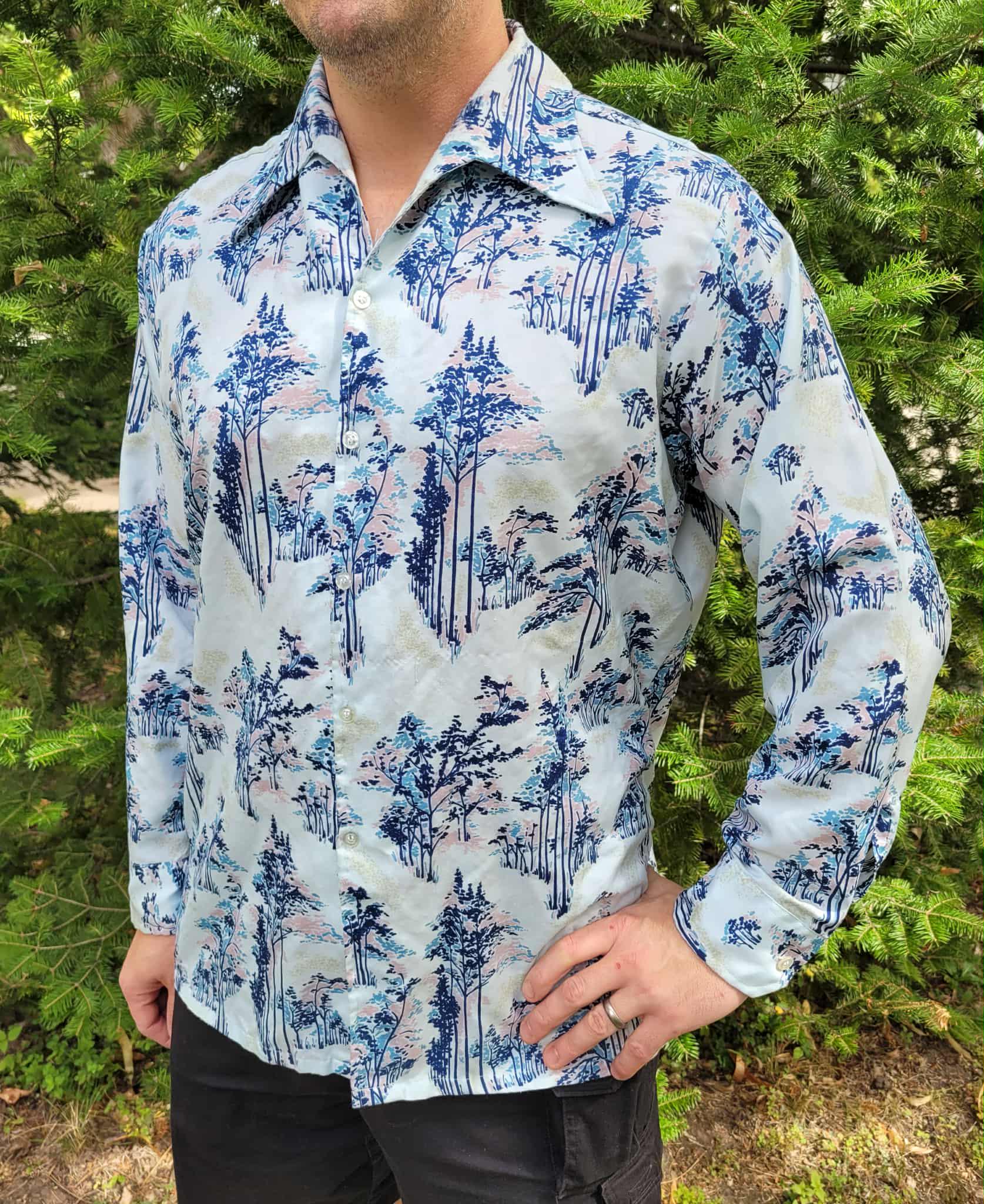 Vtg 70s Richman Bros Blue Psychedelic Tree Print Button Down Top