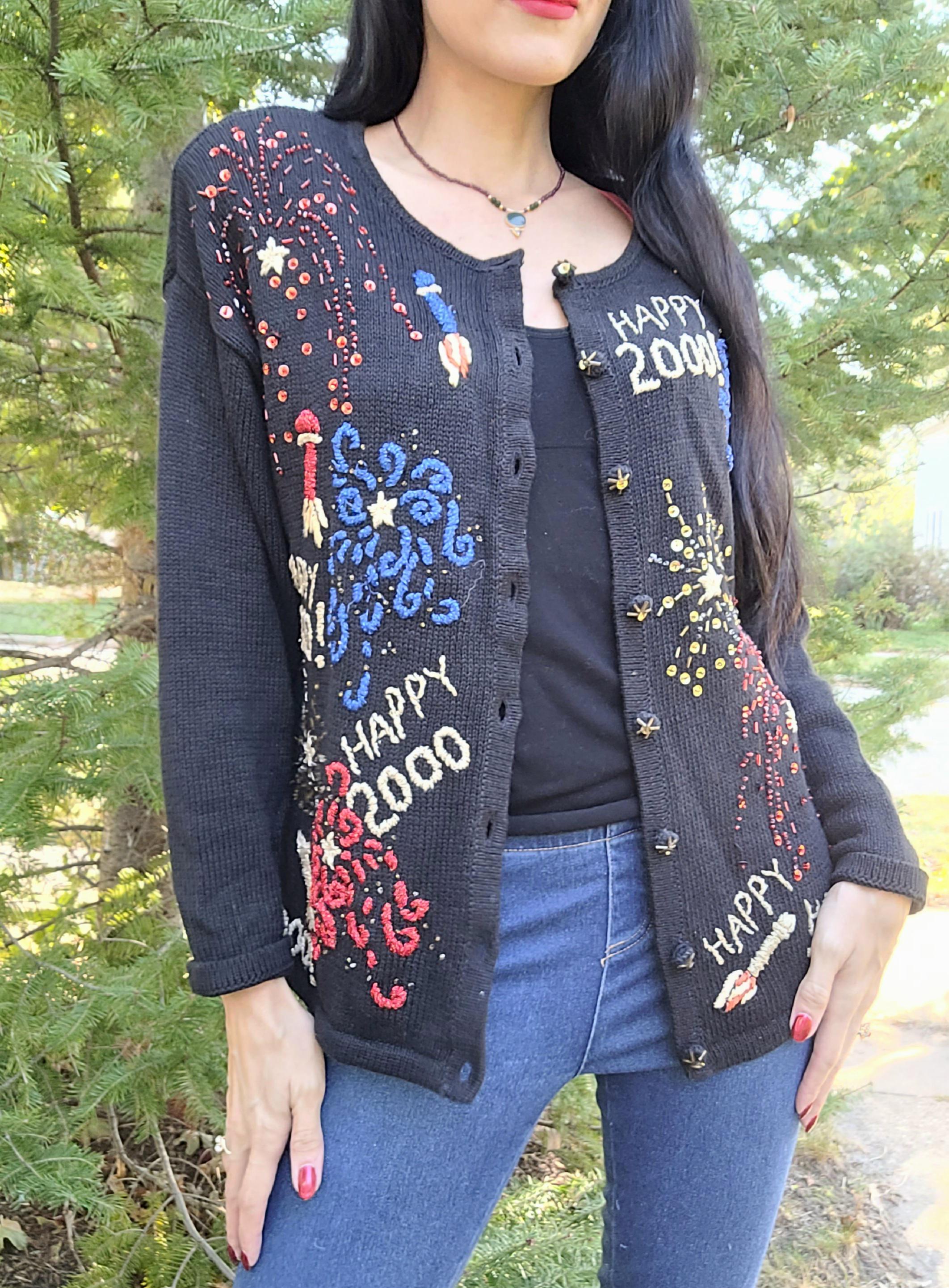 Vtg Tiara International 1999 Black New Years Y2K Cardigan Sweater