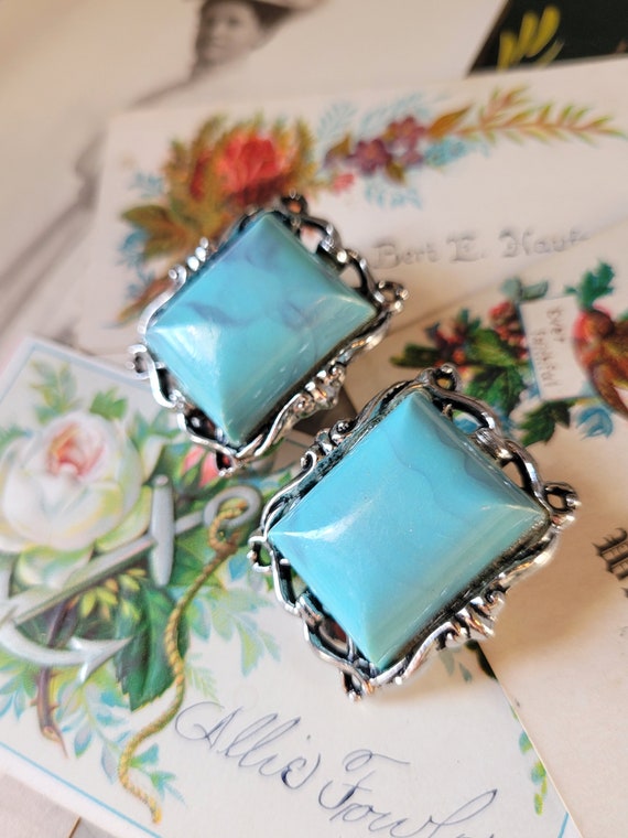 Vtg Turquoise Colored Stone Silver Tone Square Cl… - image 2