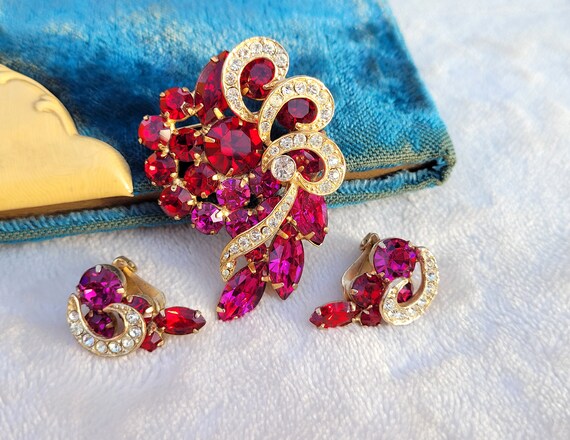 Vtg Unsigned Eisenberg? Red Pink Rhinestone Gold … - image 1