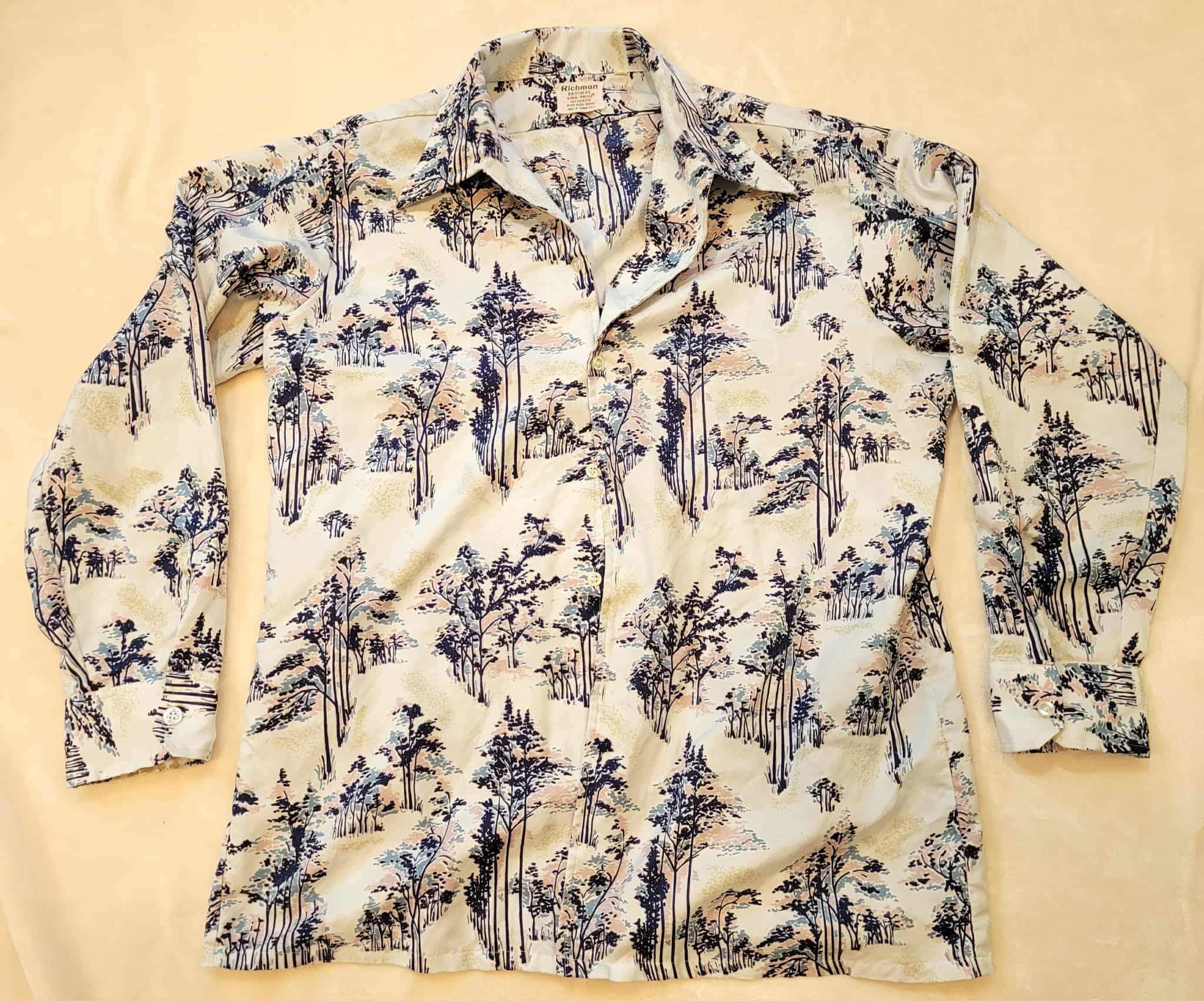 Vtg 70s Richman Bros Blue Psychedelic Tree Print Button Down Top