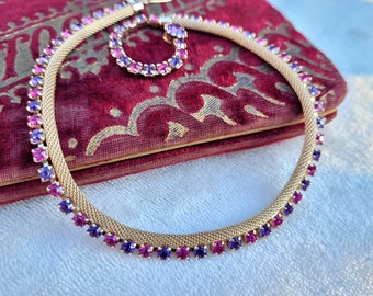 Vintage Weiss Pink & Purple Rhinestones Gold Tone Mesh Choker Necklace