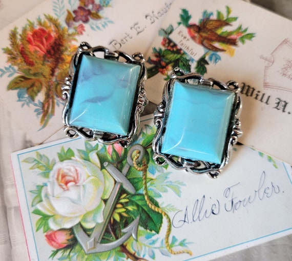 Vtg Turquoise Colored Stone Silver Tone Square Cl… - image 3
