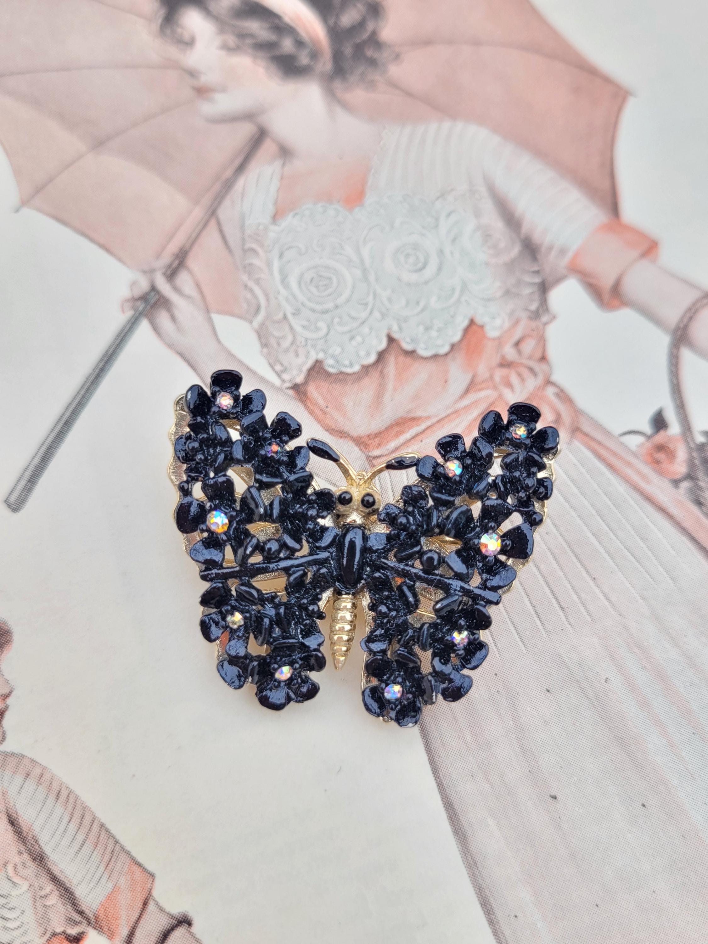 ヴィンテージ ブラック オーロラ ラインストーン バタフライ ゴールド