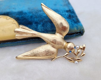 Vintage firmado MONET pájaro rama de olivo azul Rhinestone oro tono broche Pin