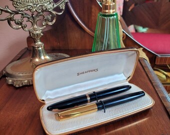 Vintage Sheaffer & Parker Black Pen Set 14K Nib w Orig Leather Case 40s 50s