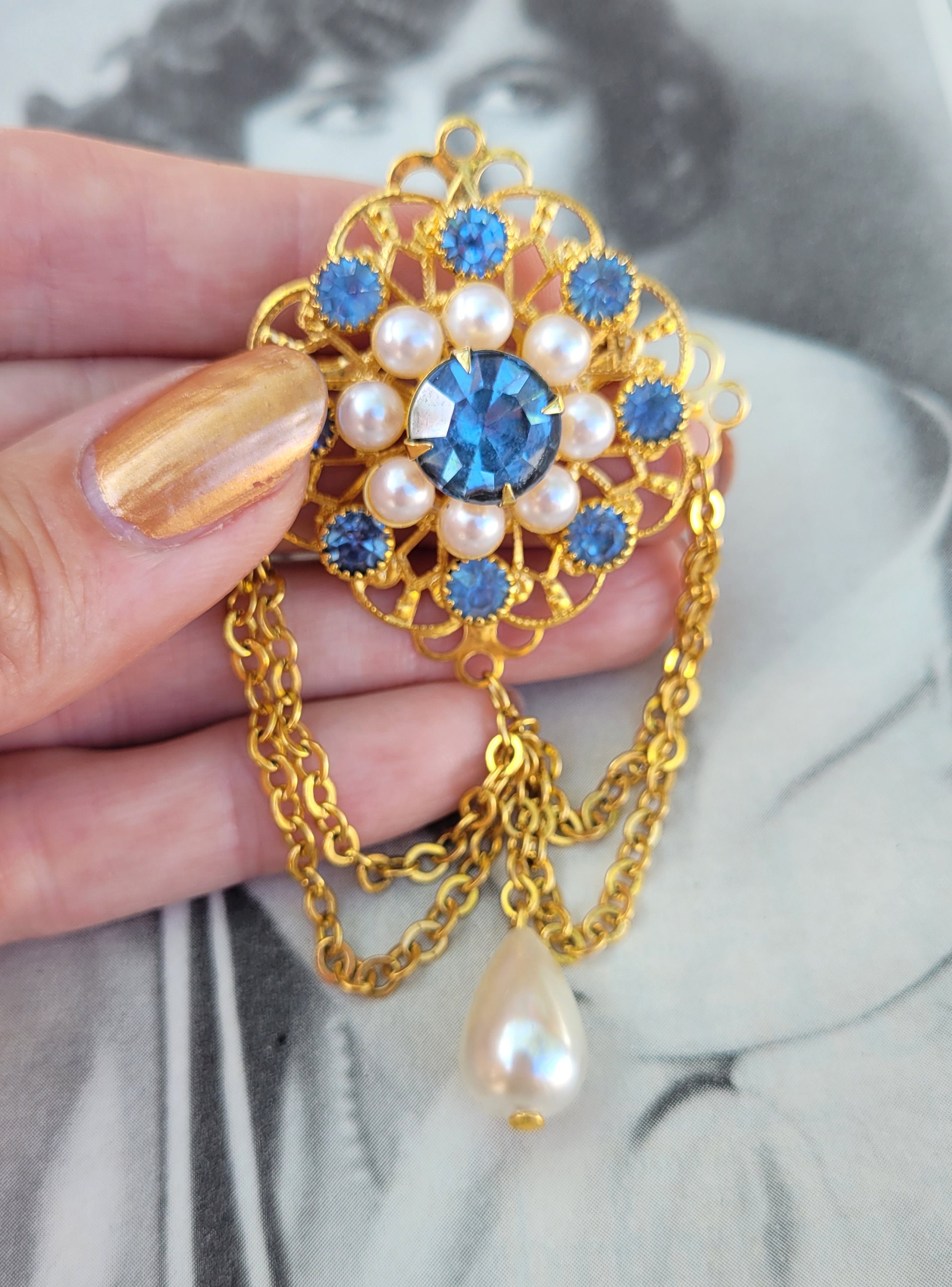 Vintage Victorian Style Sky Blue Stone Faux Pearl Teardrop Tassel ...