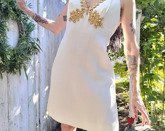 Vintage White V-Neck Gold Metallic Soutache Trim Cocktail Holiday Dress S