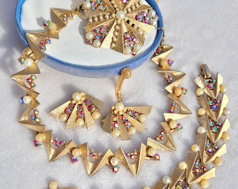 Conjunto de joyería Art Déco de 4 piezas con diseño de aurora boreal roja de Arthur Pepper (Vtg Arthur Pepper Demi Parure).