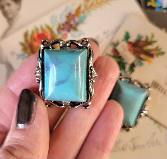 Vtg Turquoise Colored Stone Silver Tone Square Cl… - image 4