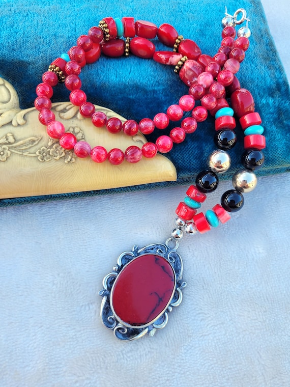 Vtg Sterling Silver Red Jasper Mexico Beaded Penda