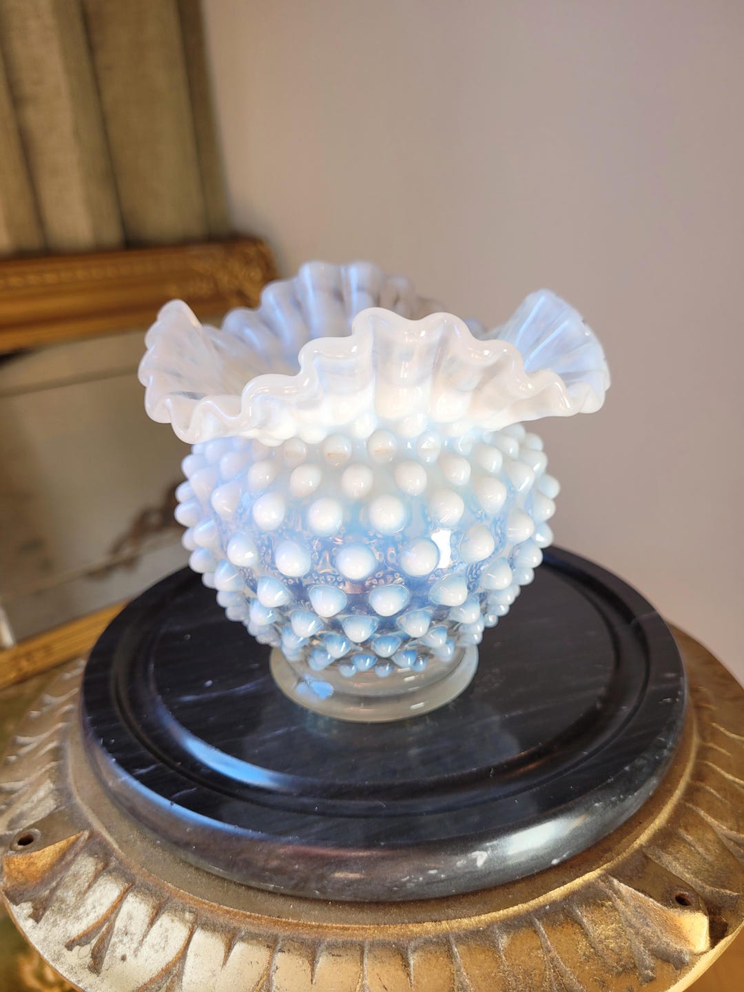 Vintage Fenton Crimped Hobnail Iridescent Opalescent Milk Glass Vase ...