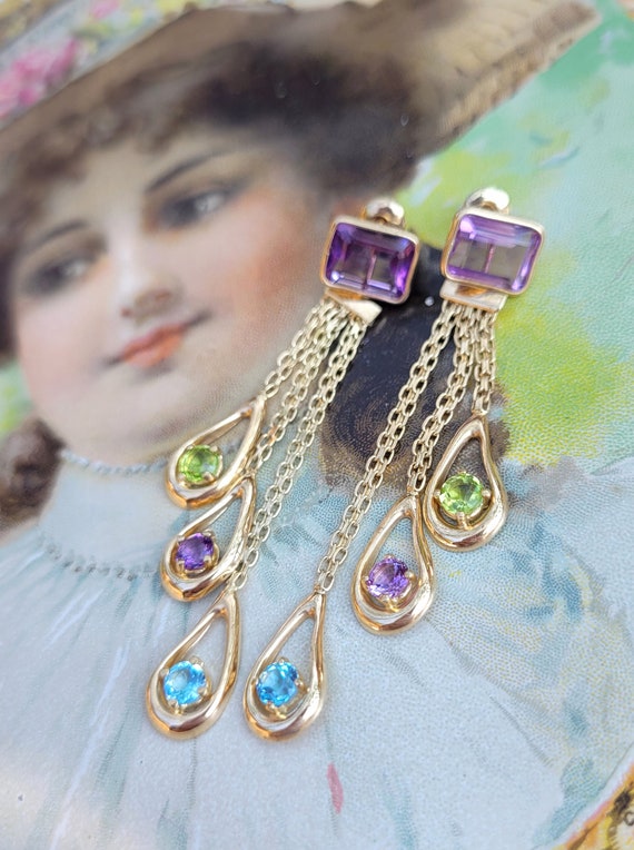 Vtg 14K Gold Gemstone Dangle Pierced Earrings Amet
