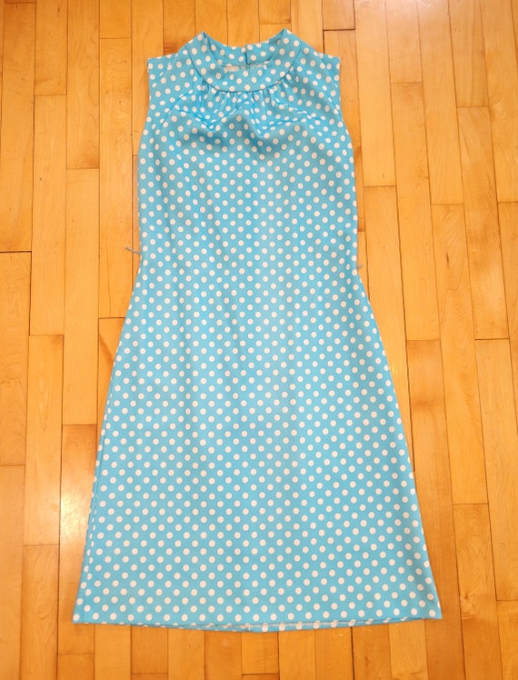 Vtg 60s 70s Sky Blue Polka Dot Sleeveless Dress - image 4