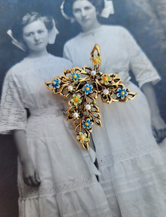 Vintage Enamel Faux Seed Pearl Floral Gold Tone B… - image 1