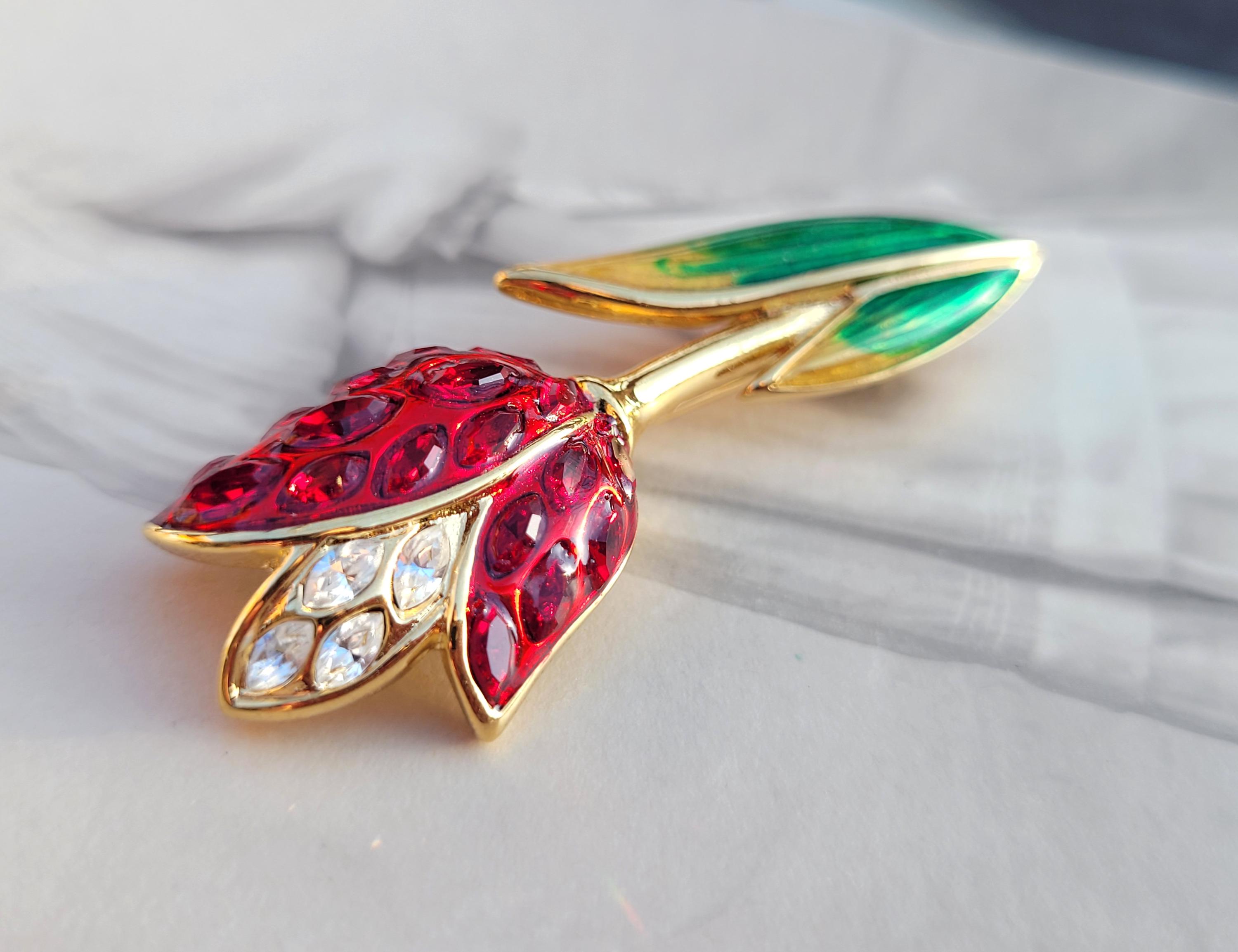 Vintage SWAROVSKI Red Pavé Crystal Tulip Flower Enameled Spring