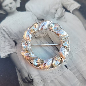 Vintage 50s Tru-Kay Sterling Silver Crystal Leaves Brooch Pin zdjęcie 1