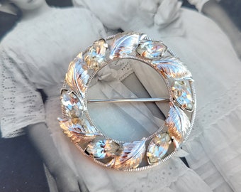 Vintage 50s Tru-Kay Sterling Silver Crystal Leaves Brooch Pin